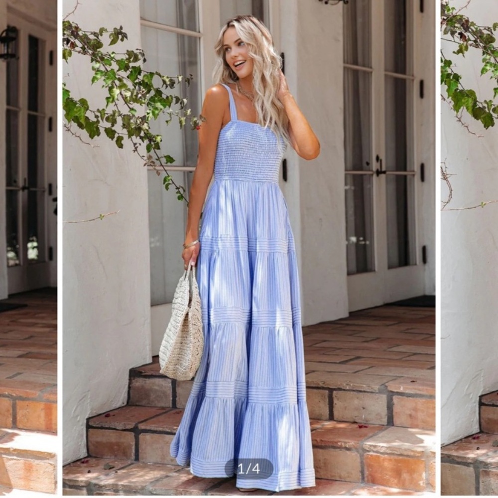 Commense Pinstripe Shirred Backless Long Cami Dress NWT